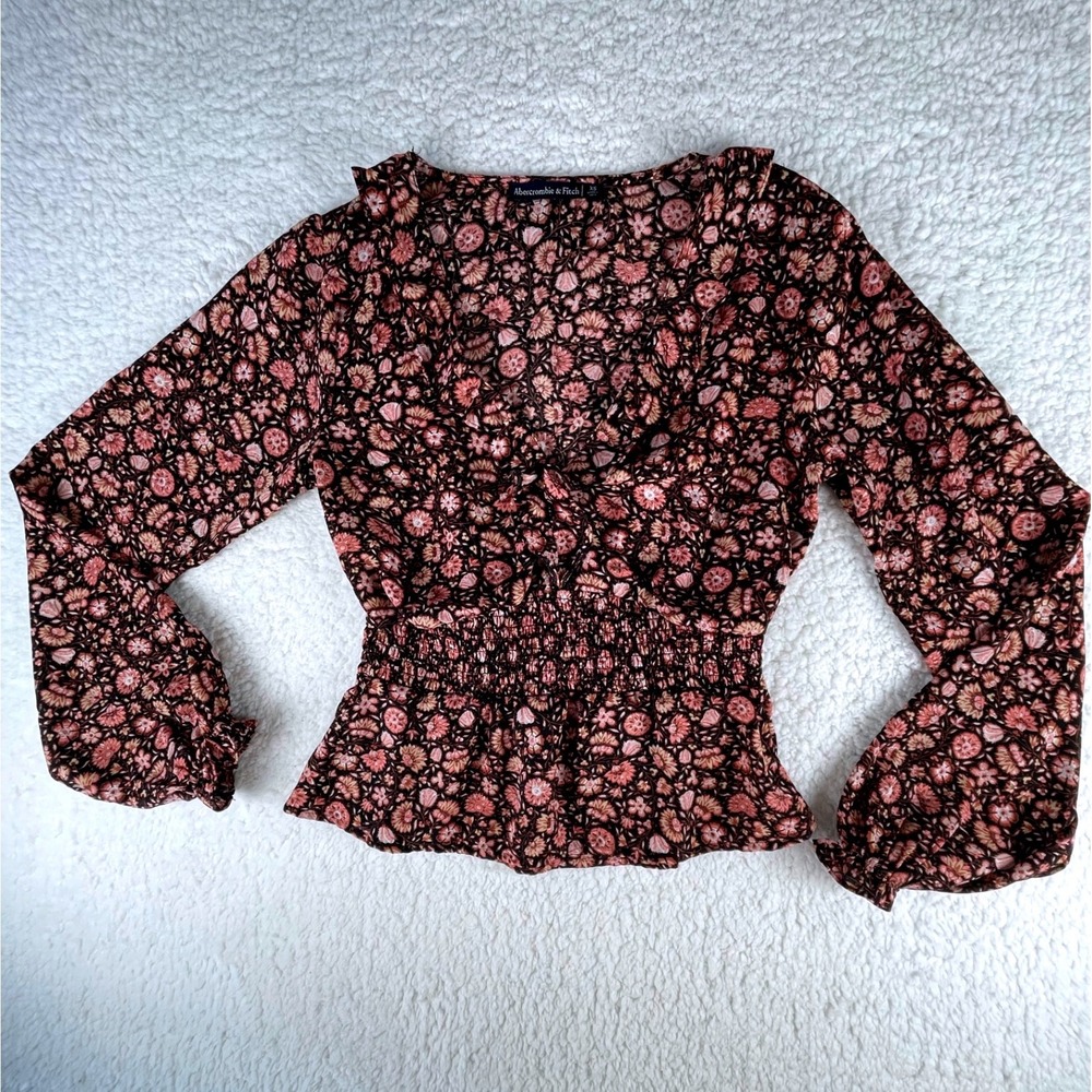 Abercrombie & Fitch Floral Smocked Peplum Tie Front Blouse XS  Long Sleeve